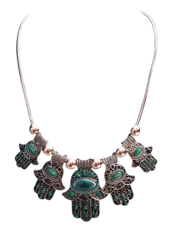 Boho Vintage Style Silver Necklace with Hamsa Design - Green