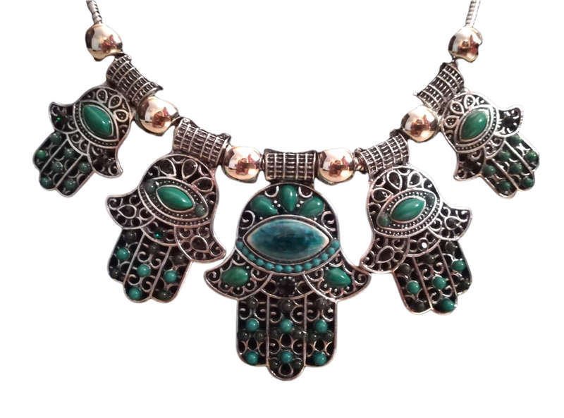 Boho Vintage Style Silver Necklace with Hamsa Design - Green