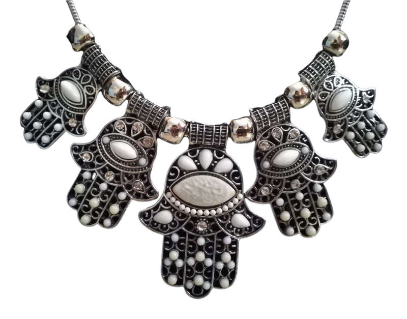 Boho Vintage Style Silver Necklace with Hamsa Design - White