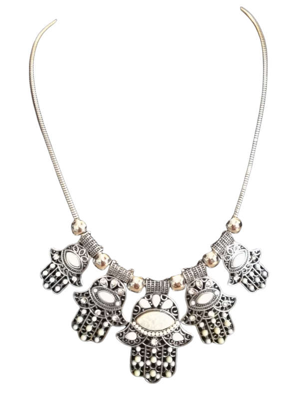 Boho Vintage Style Silver Necklace with Hamsa Design - White
