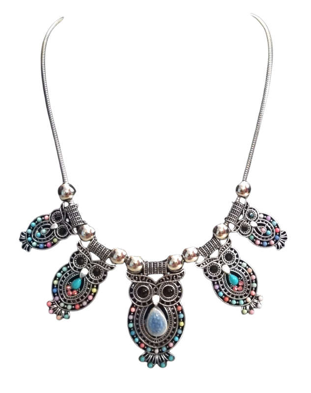 Boho Vintage Style Silver Necklace with Owl Design and Adjustable Chain - Multicolour