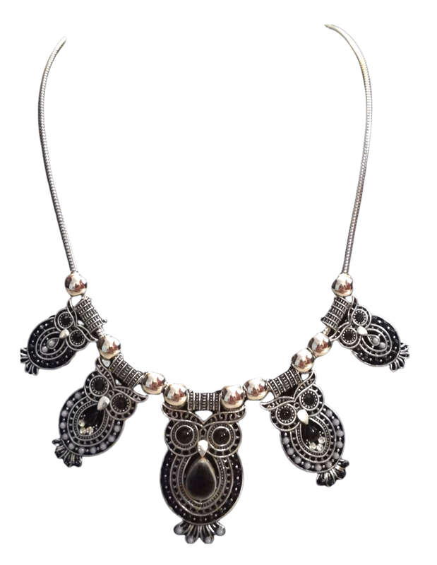 Boho Vintage Style Silver Necklace with Owl Design and Adjustable Chain - Black and Grey