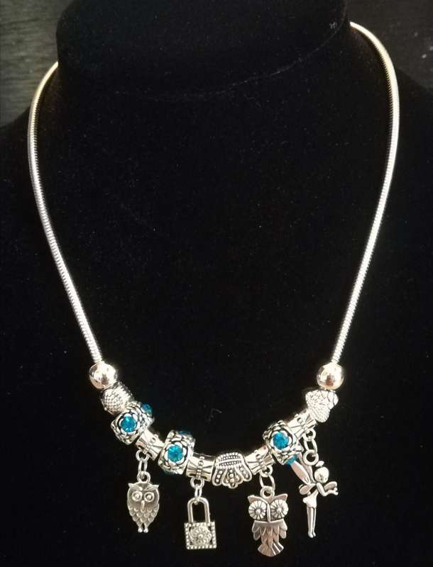 Boho Silver Charm Necklace with Fairy, Owl & Lock Charms & Adjustable Chain - Blue Rhinestone