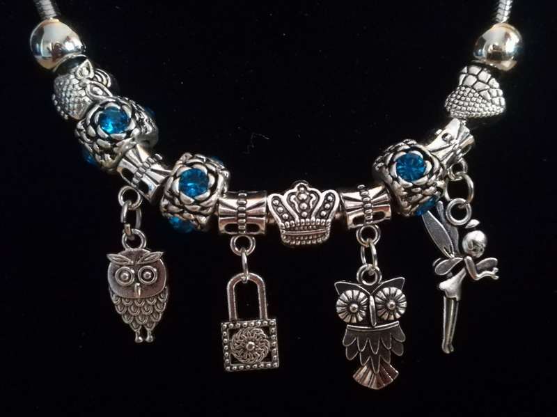 Boho Silver Charm Necklace with Fairy, Owl & Lock Charms & Adjustable Chain - Blue Rhinestone