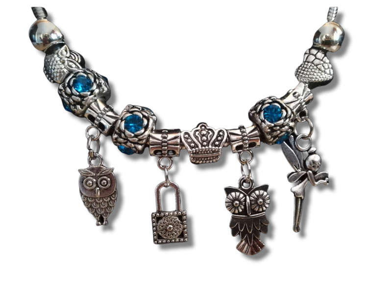 Boho Silver Charm Necklace with Fairy, Owl & Lock Charms & Adjustable Chain - Blue Rhinestone