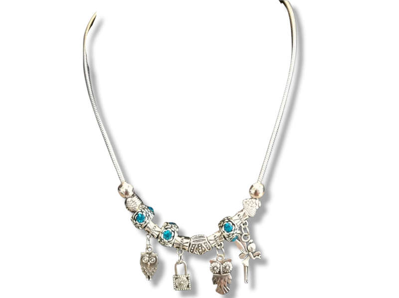 Boho Silver Charm Necklace with Fairy, Owl & Lock Charms & Adjustable Chain - Blue Rhinestone