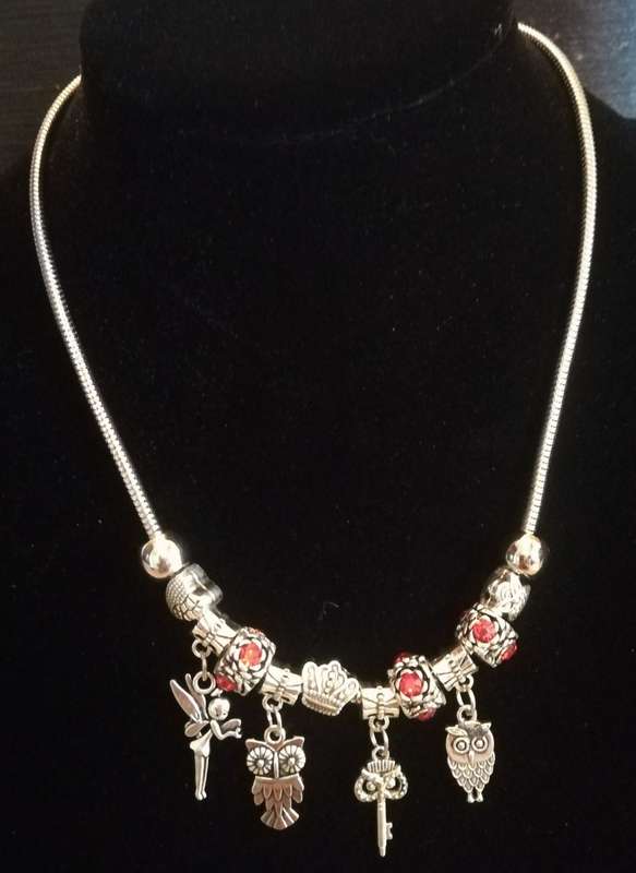 Boho Silver Charm Necklace with Fairy, Owl & Key Charms & Adjustable Chain - Red Rhinestone