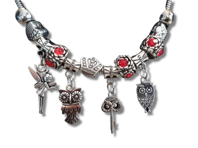 Boho Silver Charm Necklace with Fairy, Owl & Key Charms & Adjustable Chain - Red Rhinestone