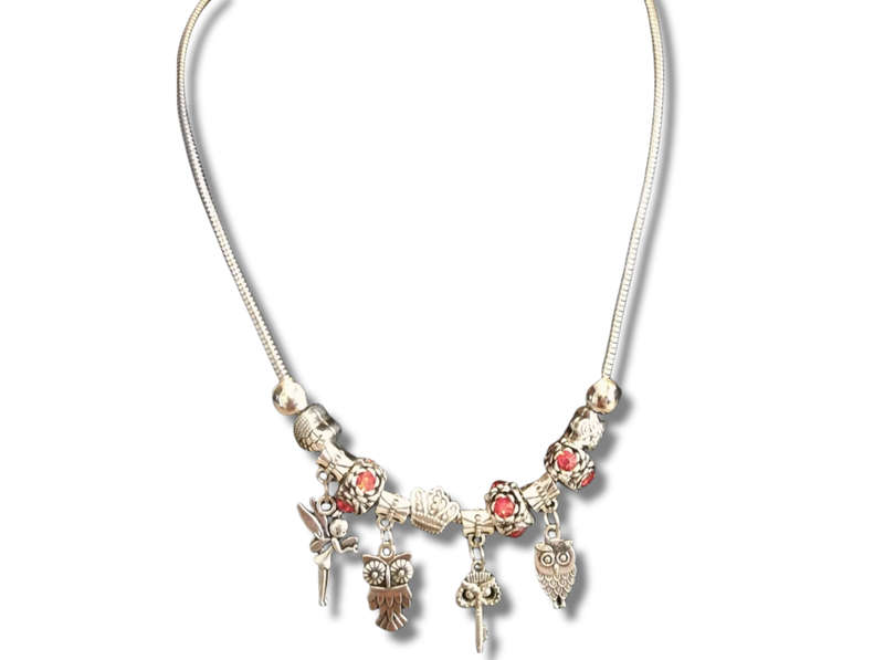 Boho Silver Charm Necklace with Fairy, Owl & Key Charms & Adjustable Chain - Red Rhinestone