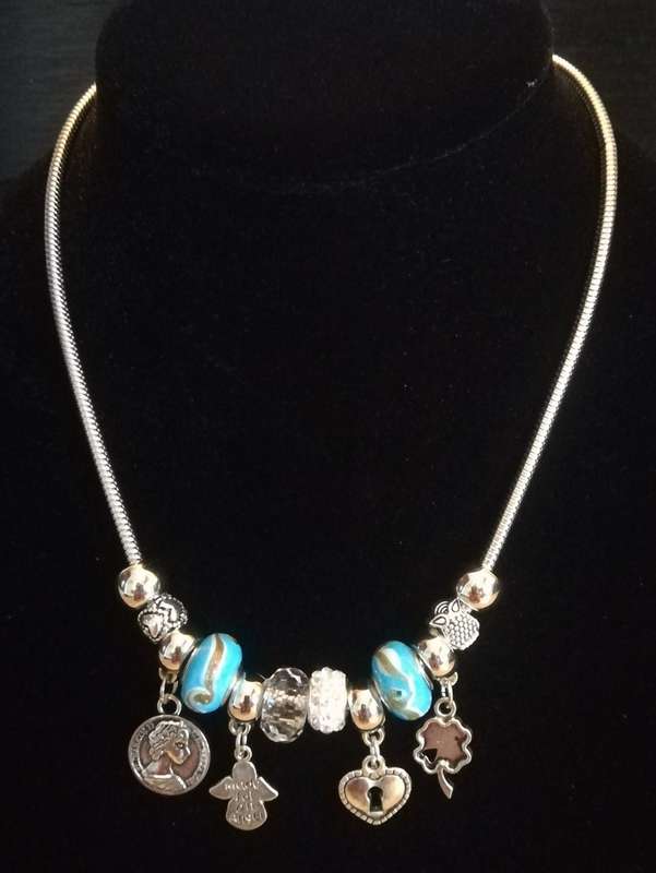 Boho Silver Charm Necklace with Angel , Clover,  Heart & Coin Charms & Adjustable Chain - Blue