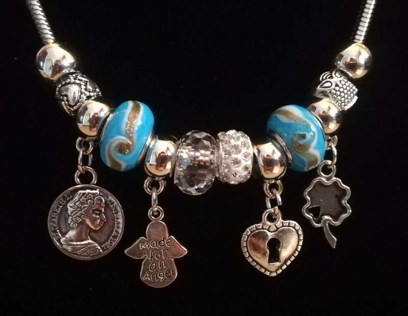 Boho Silver Charm Necklace with Angel , Clover,  Heart & Coin Charms & Adjustable Chain - Blue