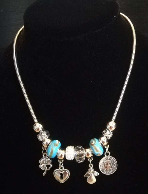 Boho Silver Charm Necklace with Angel , Clover,  Heart & Coin Charms & Adjustable Chain - Blue