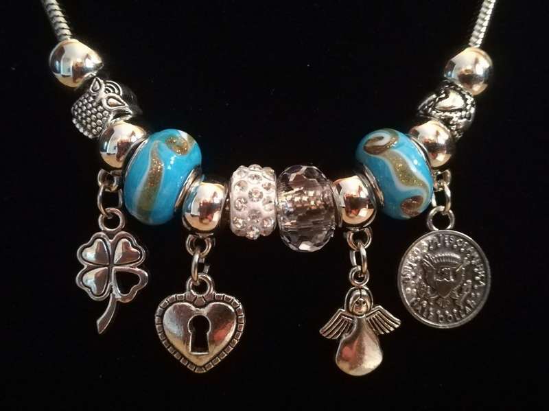 Boho Silver Charm Necklace with Angel , Clover,  Heart & Coin Charms & Adjustable Chain - Blue