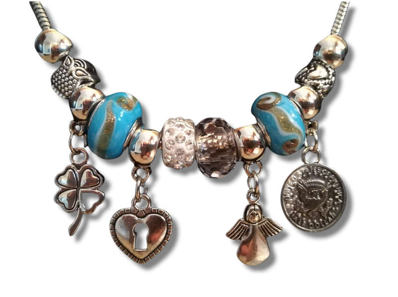 Boho Silver Charm Necklace with Angel , Clover,  Heart & Coin Charms & Adjustable Chain - Blue