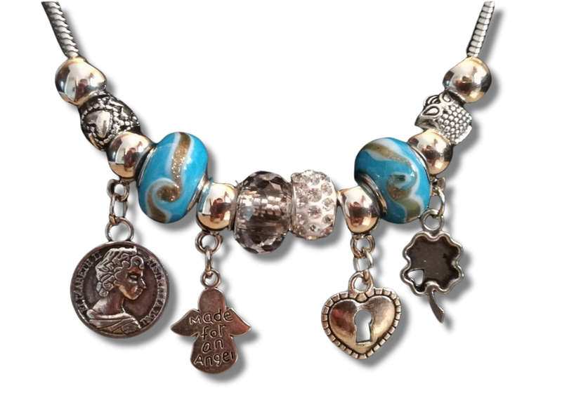 Boho Silver Charm Necklace with Angel , Clover,  Heart & Coin Charms & Adjustable Chain - Blue