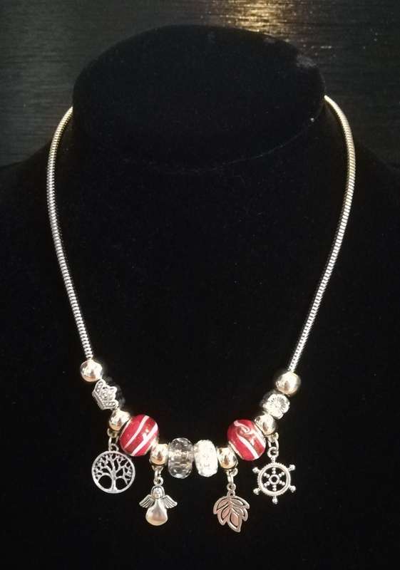 Boho Silver Charm Necklace with Angel , Tree of Life,  Leaf & Nautical Wheel Charms - Red