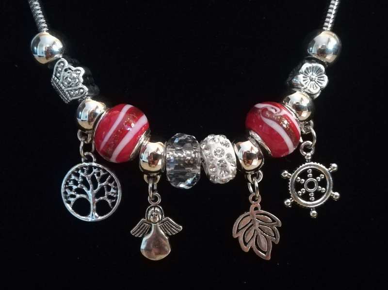 Boho Silver Charm Necklace with Angel , Tree of Life,  Leaf & Nautical Wheel Charms - Red