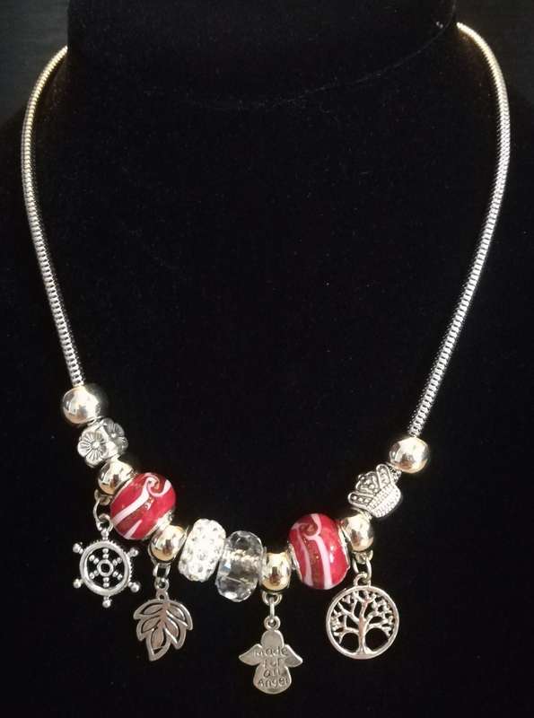 Boho Silver Charm Necklace with Angel , Tree of Life,  Leaf & Nautical Wheel Charms - Red