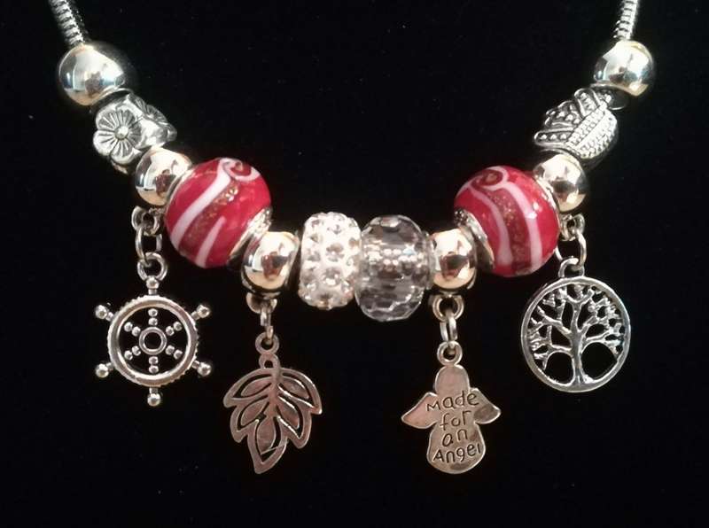 Boho Silver Charm Necklace with Angel , Tree of Life,  Leaf & Nautical Wheel Charms - Red