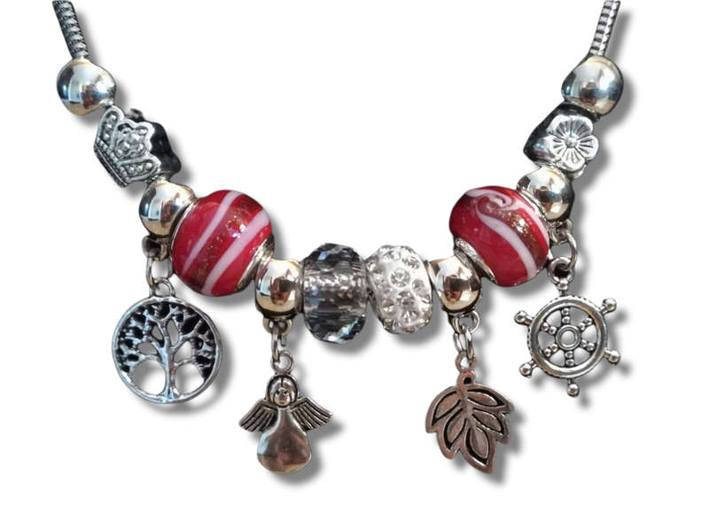 Boho Silver Charm Necklace with Angel , Tree of Life,  Leaf & Nautical Wheel Charms - Red