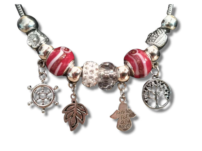 Boho Silver Charm Necklace with Angel , Tree of Life,  Leaf & Nautical Wheel Charms - Red