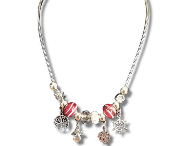 Boho Silver Charm Necklace with Angel , Tree of Life,  Leaf & Nautical Wheel Charms - Red
