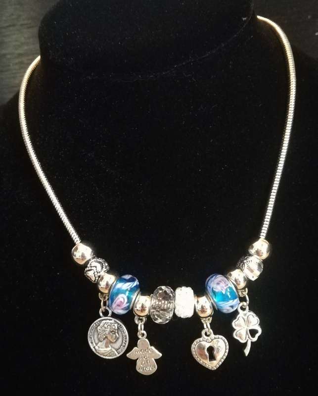 Boho Silver Charm Necklace with Angel , Clover ,  Heart & Coin Charms - Blue