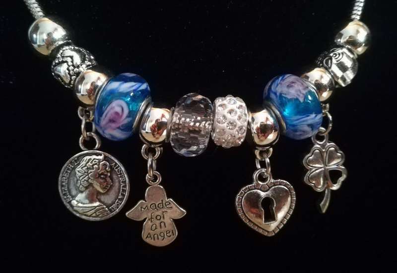 Boho Silver Charm Necklace with Angel , Clover ,  Heart & Coin Charms - Blue