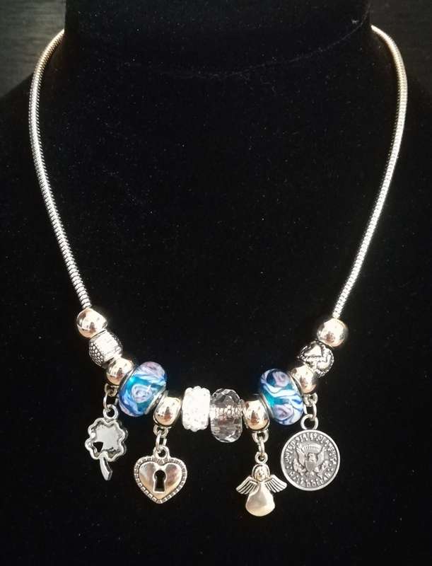 Boho Silver Charm Necklace with Angel , Clover ,  Heart & Coin Charms - Blue