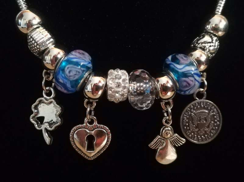 Boho Silver Charm Necklace with Angel , Clover ,  Heart & Coin Charms - Blue