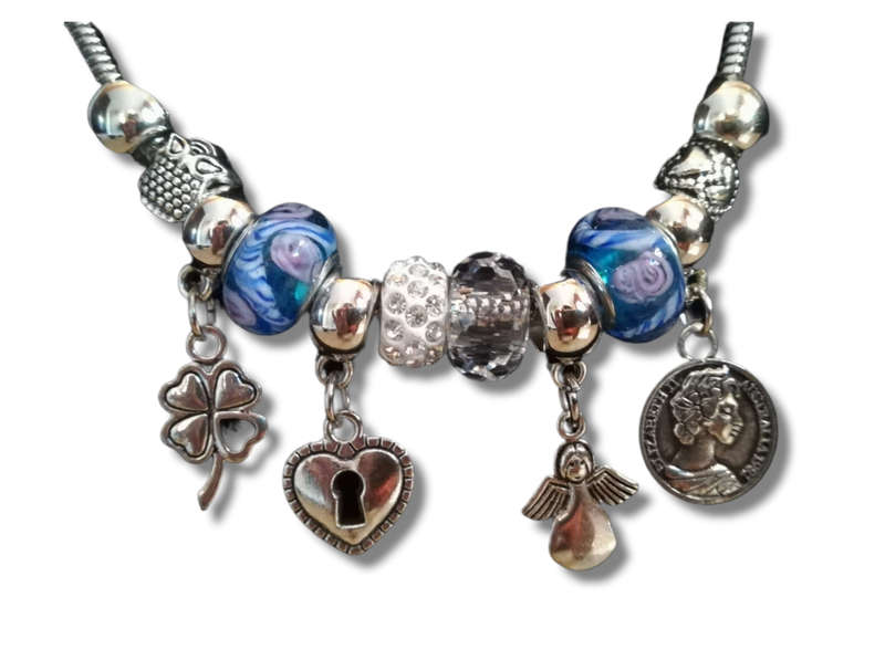 Boho Silver Charm Necklace with Angel , Clover ,  Heart & Coin Charms - Blue