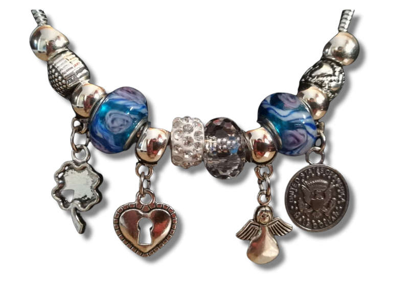 Boho Silver Charm Necklace with Angel , Clover ,  Heart & Coin Charms - Blue
