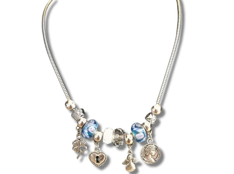 Boho Silver Charm Necklace with Angel , Clover ,  Heart & Coin Charms - Blue