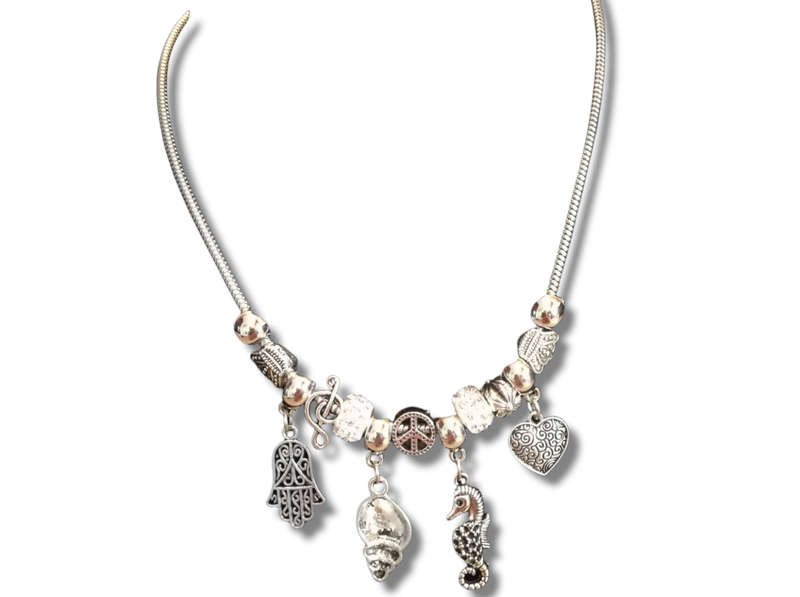 Boho Silver Charm Necklace with Hamsa , Seahorse ,  Heart & Shell Charms - White