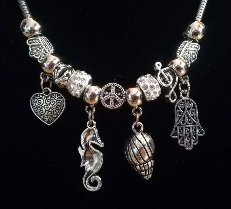 Boho Silver Charm Necklace with Hamsa , Seahorse ,  Heart & Shell Charms - White