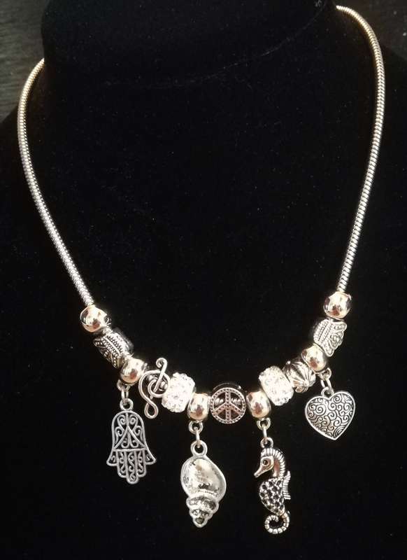 Boho Silver Charm Necklace with Hamsa , Seahorse ,  Heart & Shell Charms - White