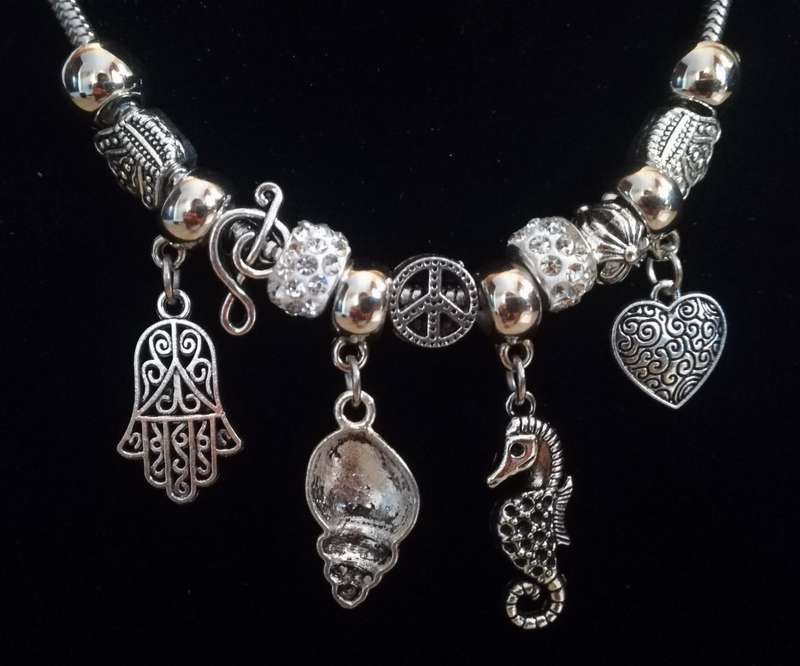 Boho Silver Charm Necklace with Hamsa , Seahorse ,  Heart & Shell Charms - White