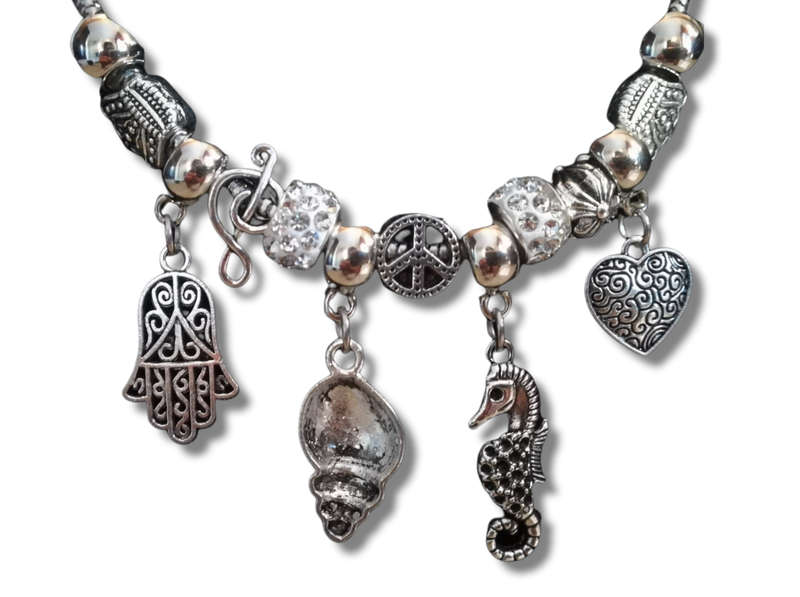 Boho Silver Charm Necklace with Hamsa , Seahorse ,  Heart & Shell Charms - White