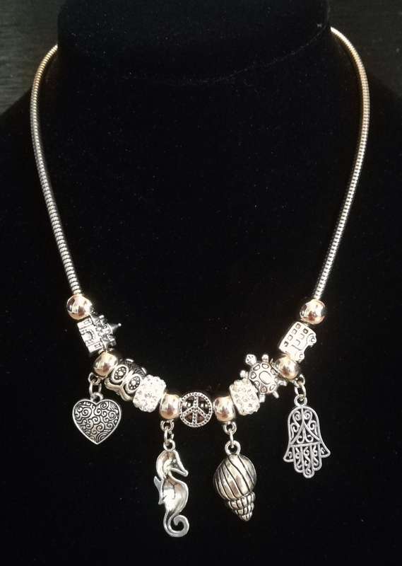 Boho Silver Charm Necklace with Hamsa , Seahorse ,  Heart & Shell Charms - White