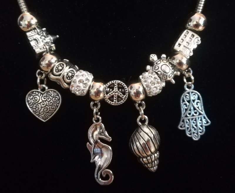 Boho Silver Charm Necklace with Hamsa , Seahorse ,  Heart & Shell Charms - White