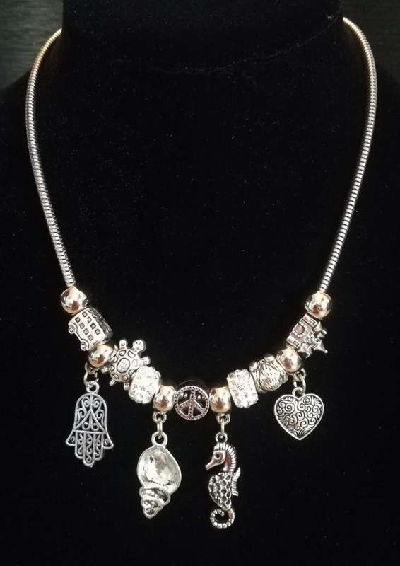 Boho Silver Charm Necklace with Hamsa , Seahorse ,  Heart & Shell Charms - White