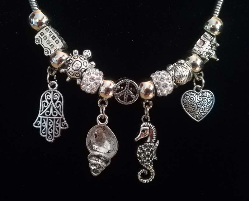 Boho Silver Charm Necklace with Hamsa , Seahorse ,  Heart & Shell Charms - White