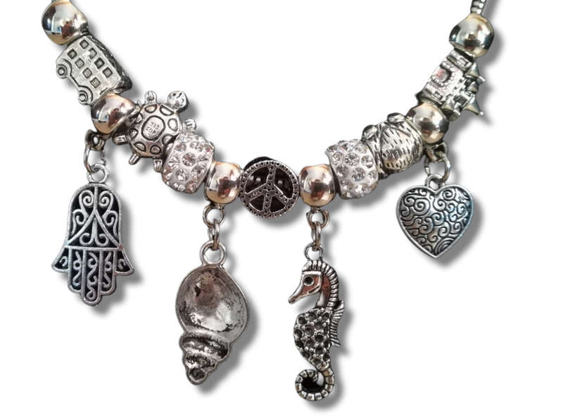 Boho Silver Charm Necklace with Hamsa , Seahorse ,  Heart & Shell Charms - White