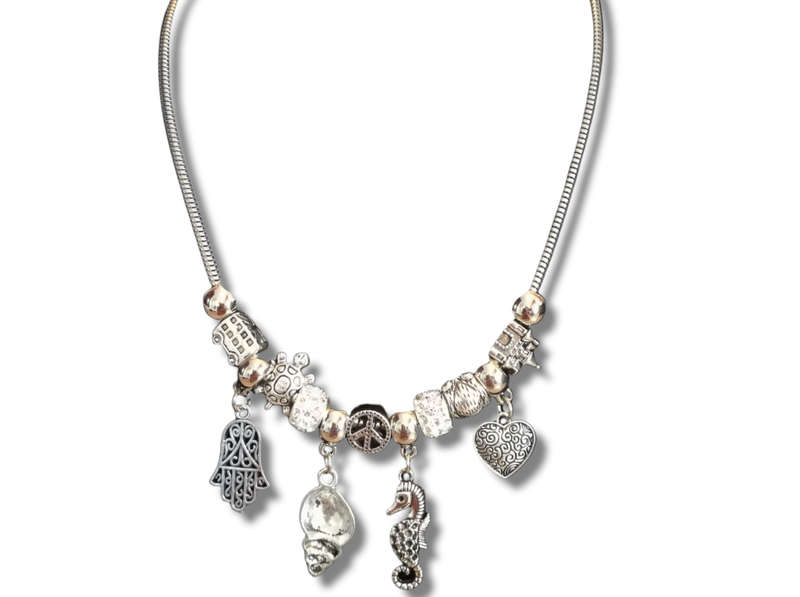 Boho Silver Charm Necklace with Hamsa , Seahorse ,  Heart & Shell Charms - White