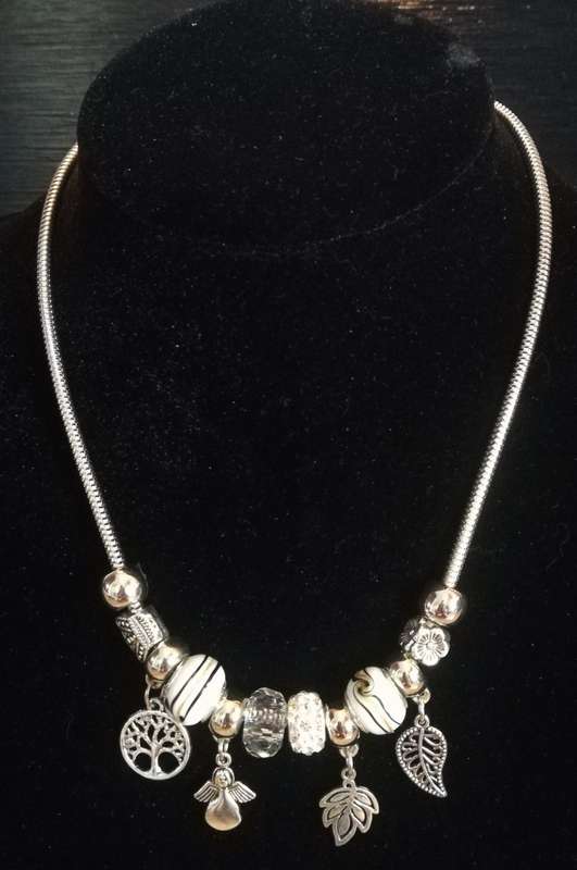 Boho Silver Charm Necklace with Tree of Life , Leaf & Angel Charms - White