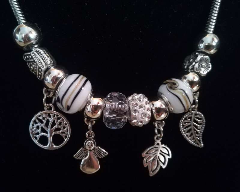 Boho Silver Charm Necklace with Tree of Life , Leaf & Angel Charms - White