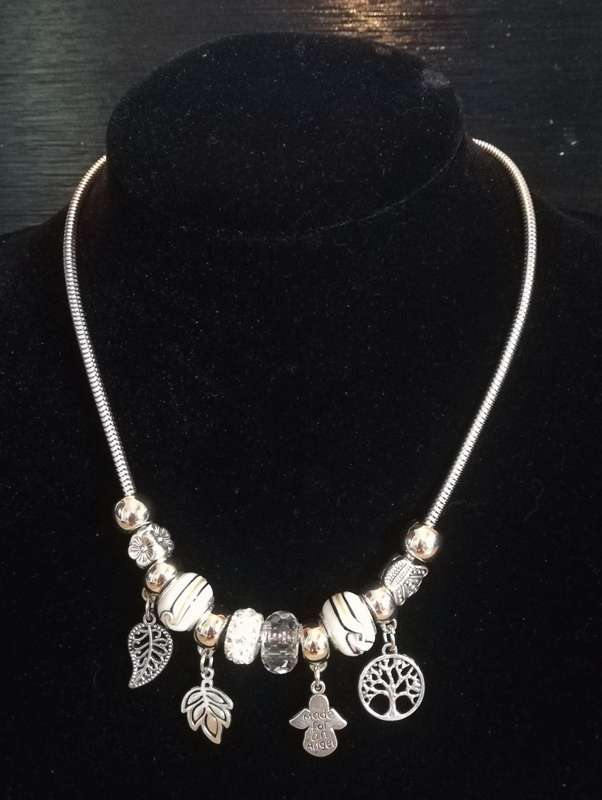 Boho Silver Charm Necklace with Tree of Life , Leaf & Angel Charms - White
