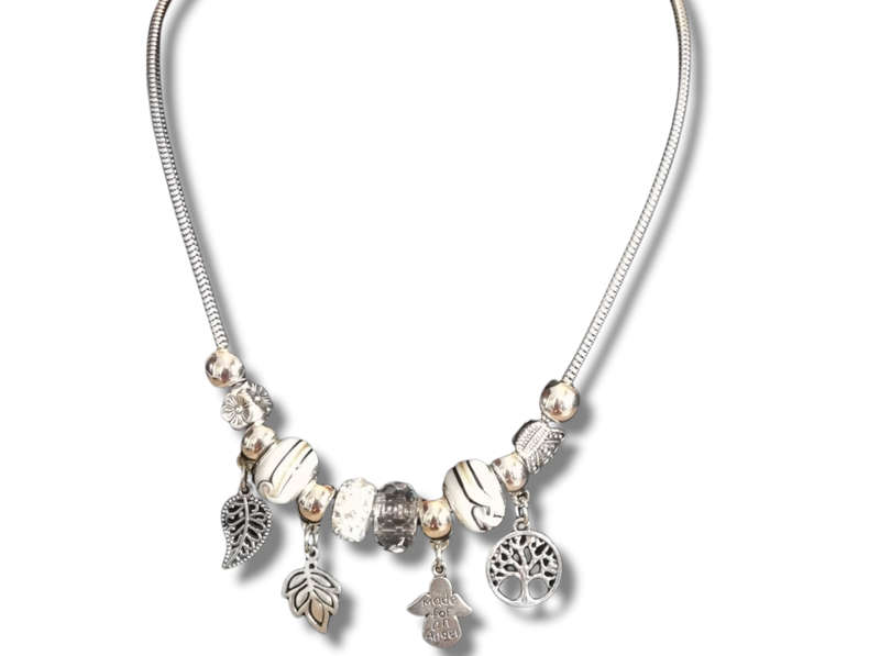Boho Silver Charm Necklace with Tree of Life , Leaf & Angel Charms - White