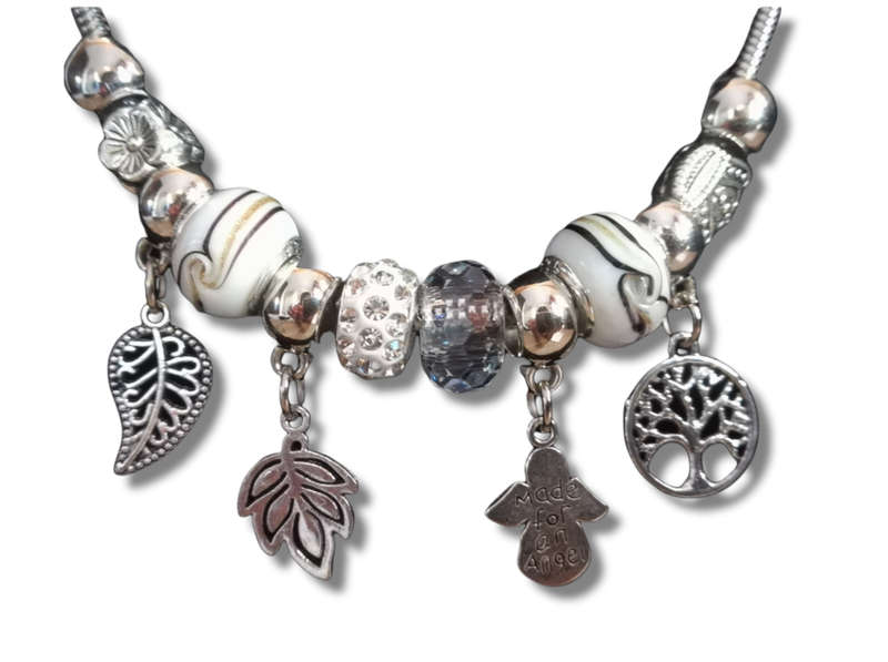 Boho Silver Charm Necklace with Tree of Life , Leaf & Angel Charms - White