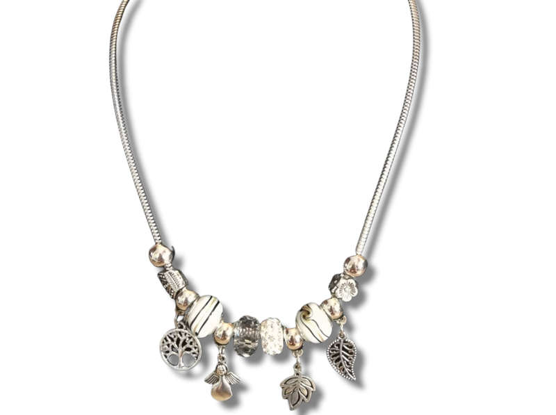 Boho Silver Charm Necklace with Tree of Life , Leaf & Angel Charms - White